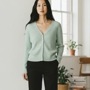 Vintage Express Button Up Ribbed Knit Cardigan Sweater Medium Rib Slit V-Neck